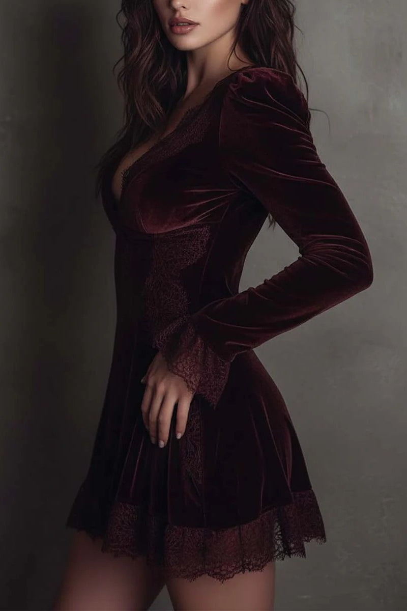 Lace Velvet Trim Mini Dress