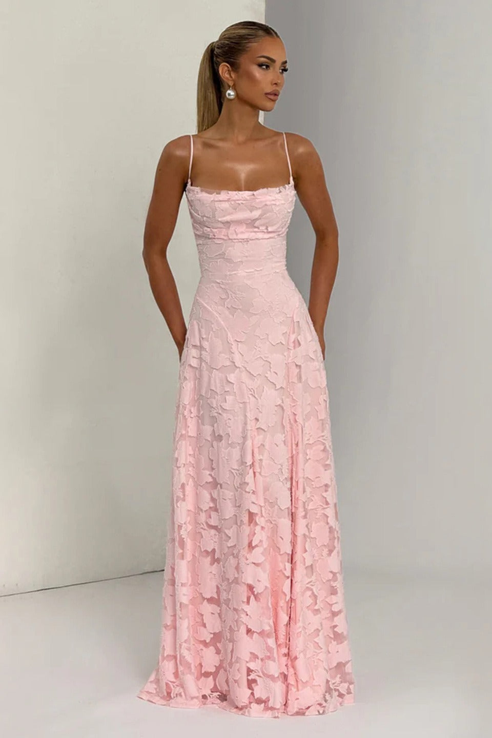 Jacquard Edition Cami Backless Maxi Lace Dress