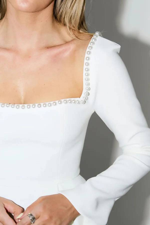 Chic Lena Beaded Long Sleeve Mini Dress with Square Neckline Elevated Occasion Wear