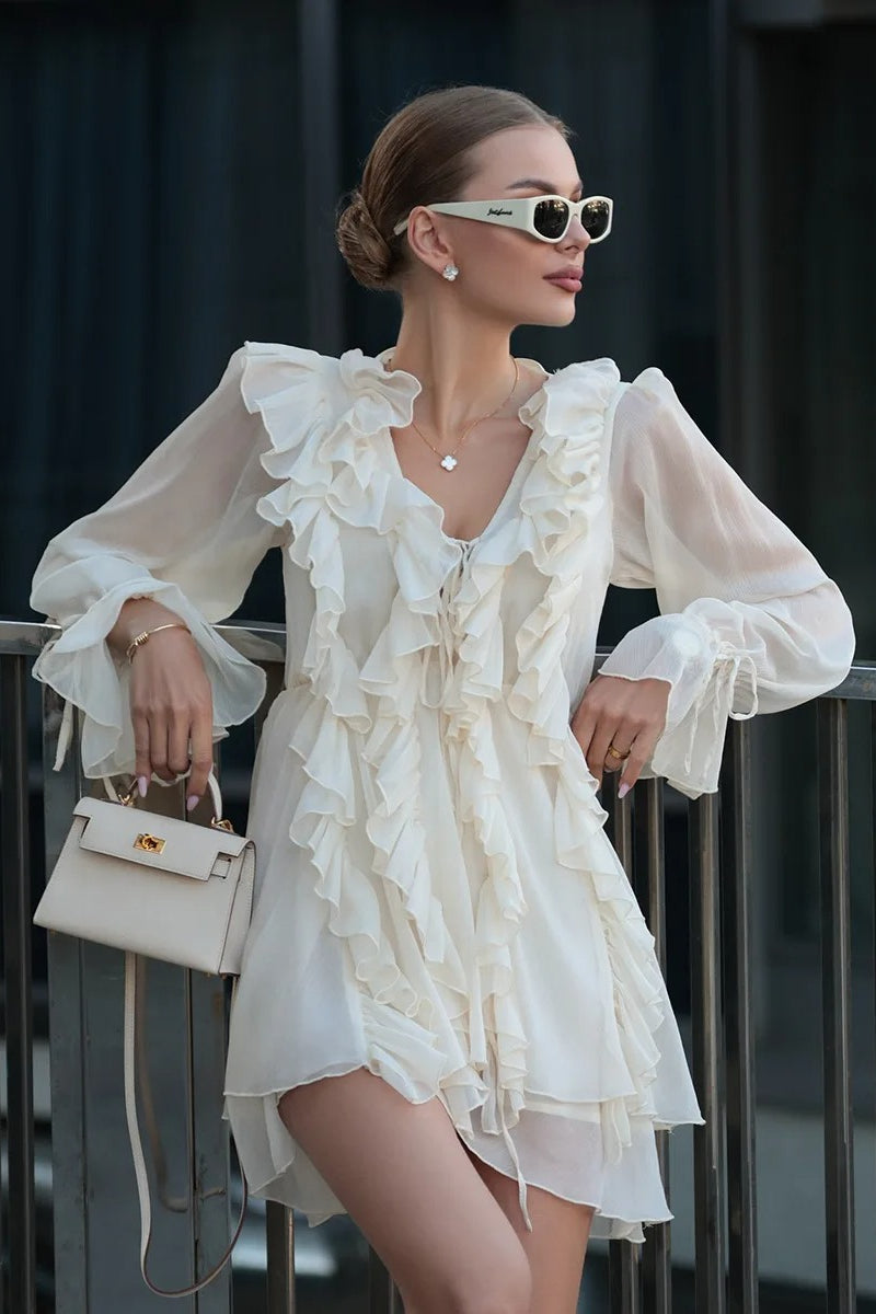 Ruffle Chiffon Tie Waist Mini Dress