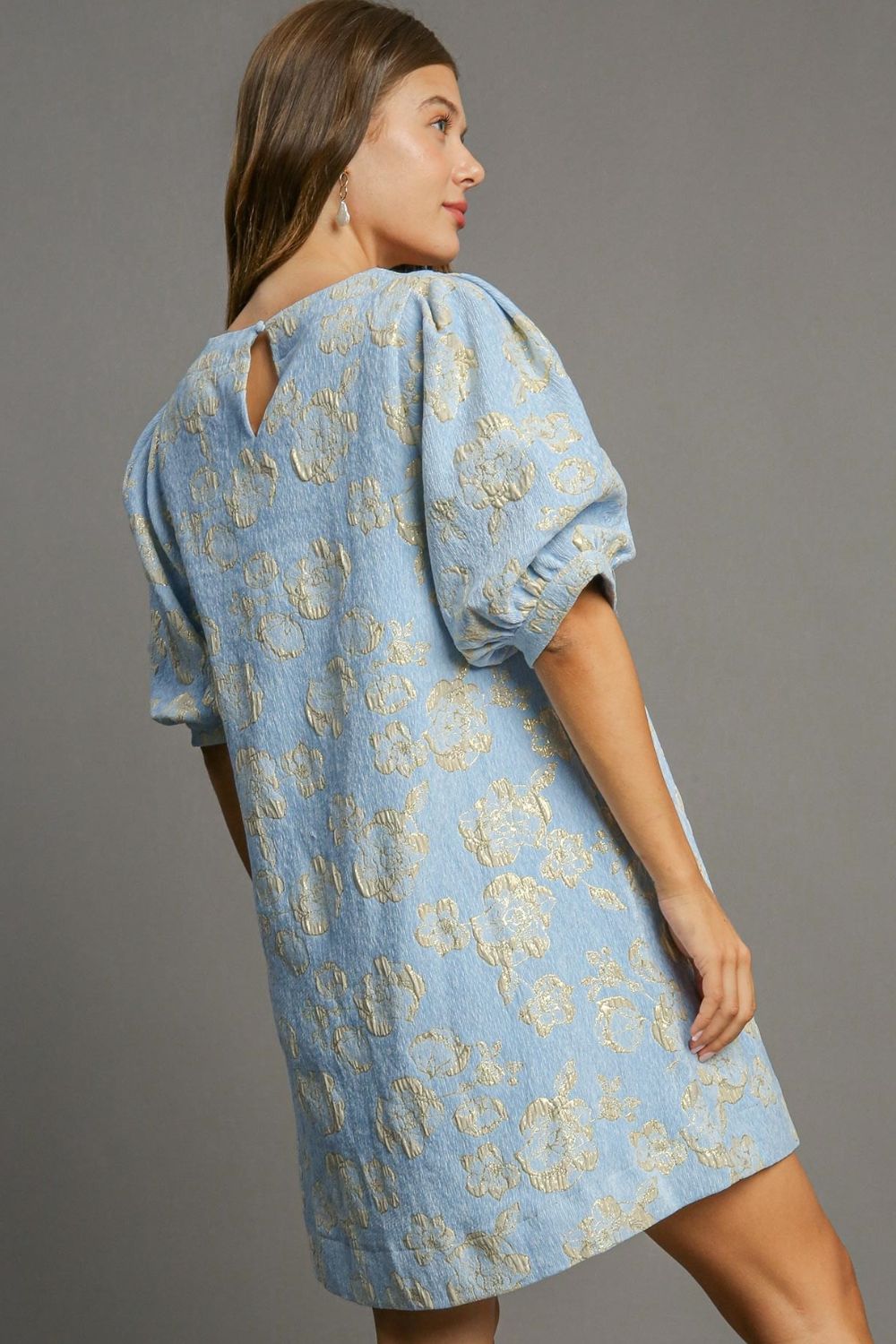 Eva Timeless Flower Jacquard Mini Dress with Puff Sleeves Premium Wardrobe Essential