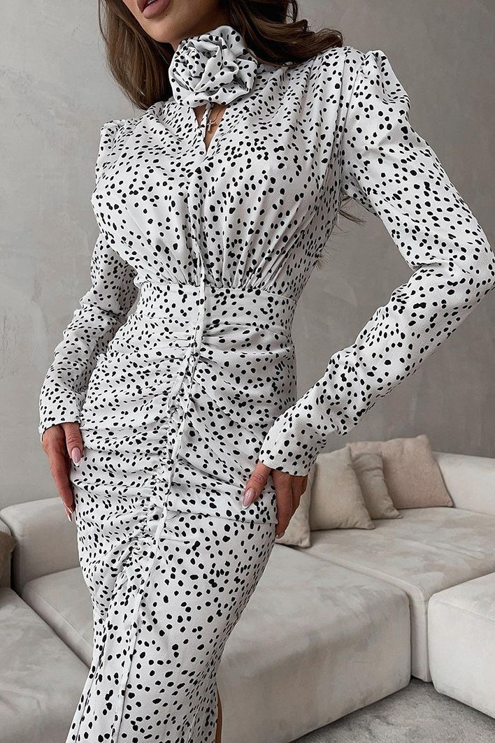 Polka Edition Dot Floral VNeck Puff Sleeve Maxi Dress