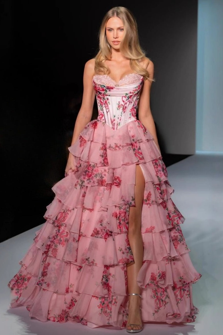 Strapless Floral Print Ruched Graceful Slim Prom Dress