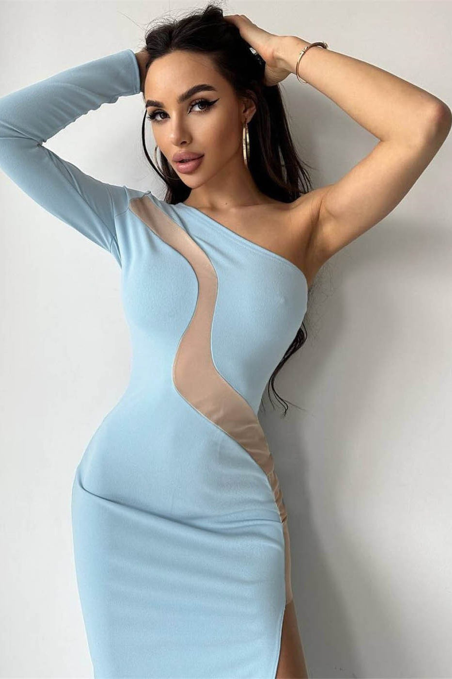 One Asymmetrical Shoulder Mesh Midi Dress