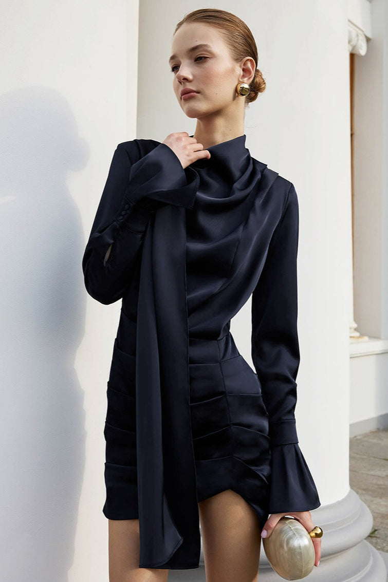 Navy Fitted Long Sleeve Mini Dress