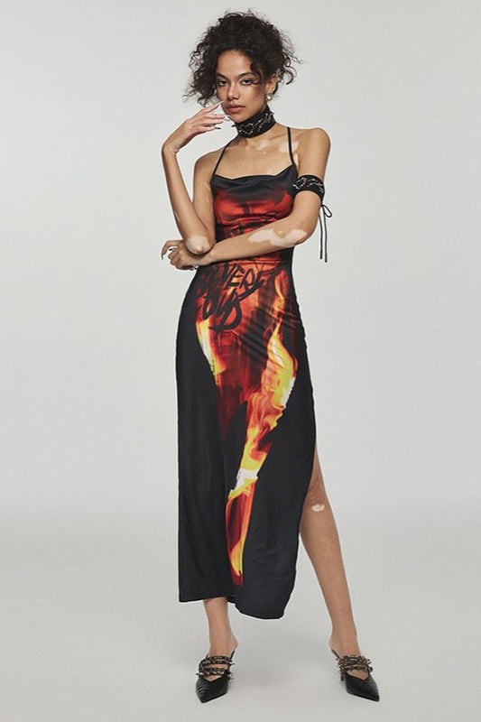 Print Flame Cami Backless Midi Dress