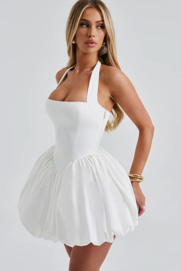 Refined Halter Tie Bow Puffy Hem Mini Dress