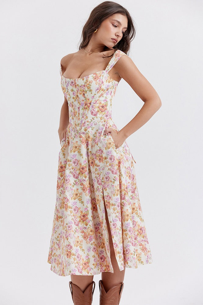 Spaghetti Strap Botanical Ruched Midi Dress