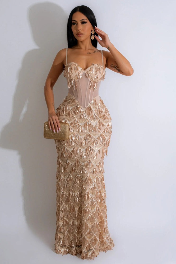 Refined Spaghetti Strap ALine Bodycon Maxi Sequin Dress