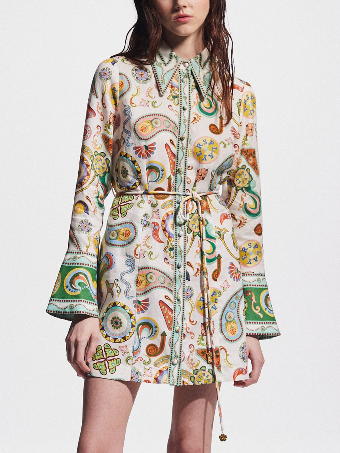 And Exquisite Fashionable Printed Trumpet Sleeve Mini Dress
