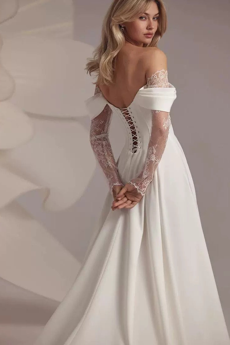 Off Shoulder Train Graceful White Wedding Dress