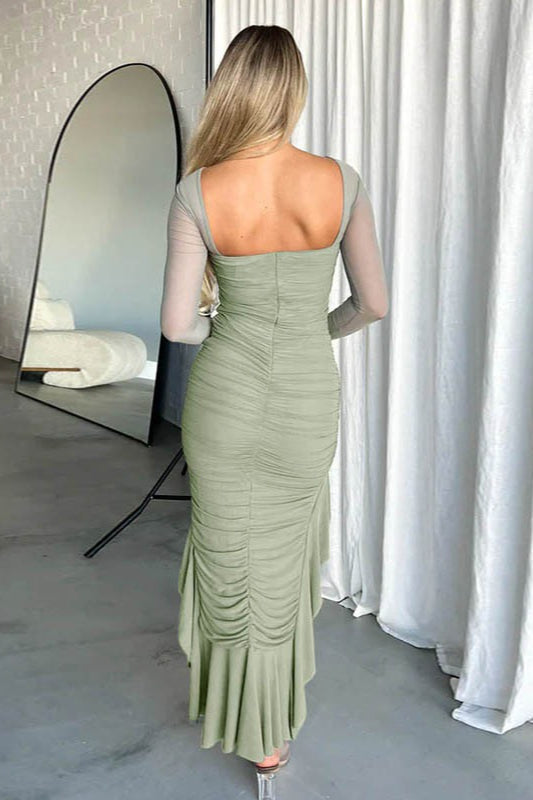 Ruffled Mesh Ruched Backless Midi Dress