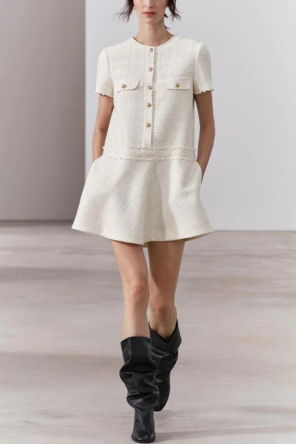 Elevated Rebekah 1960s London Girl Mini Dress in Textured Tweed with Gold Buttons and Short Sleeves and Pockets Boutique Collection