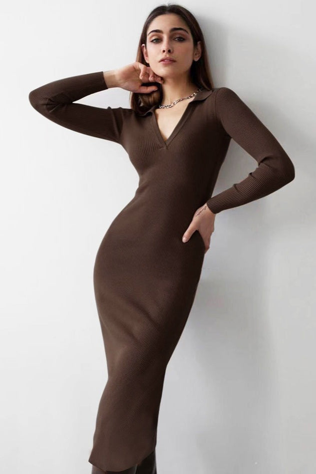 V Deep Collar Bodycon Midi Dress
