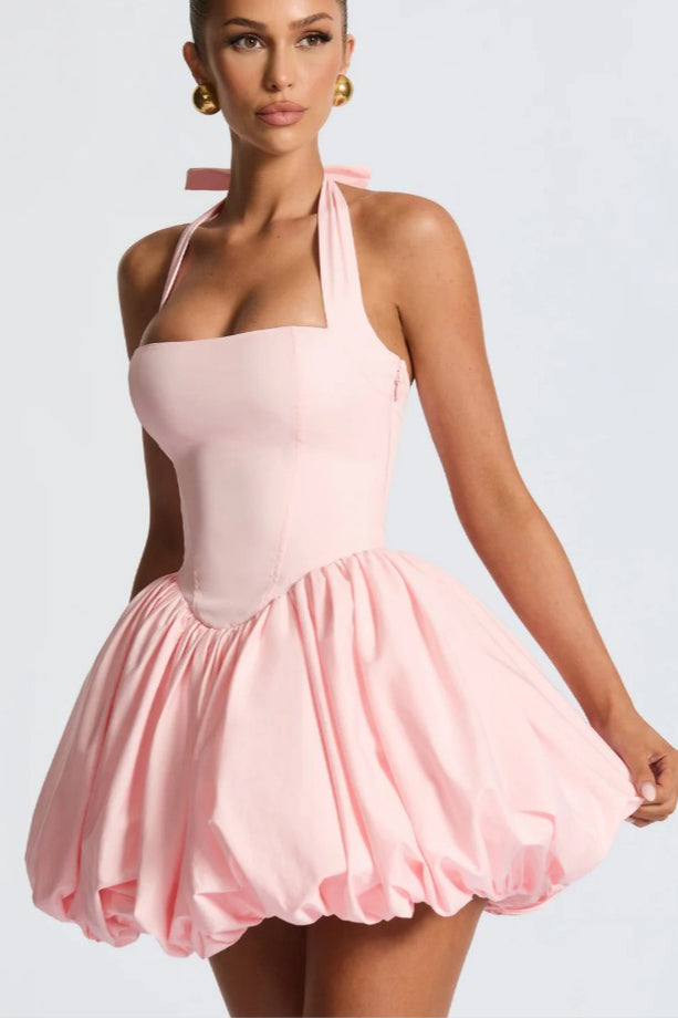 Refined Halter Tie Bow Puffy Hem Mini Dress