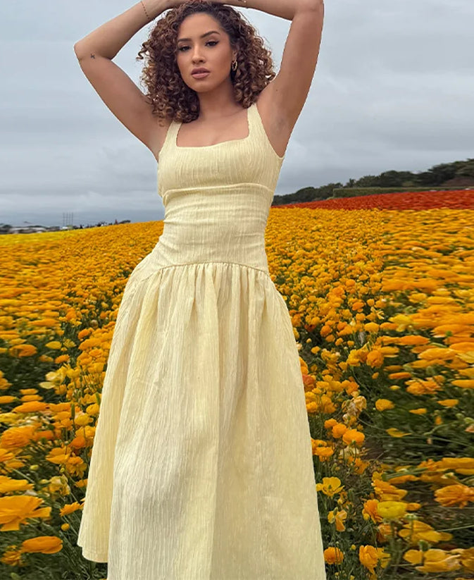 Pleated Slip Dress Easygoing Backless Midi Dress