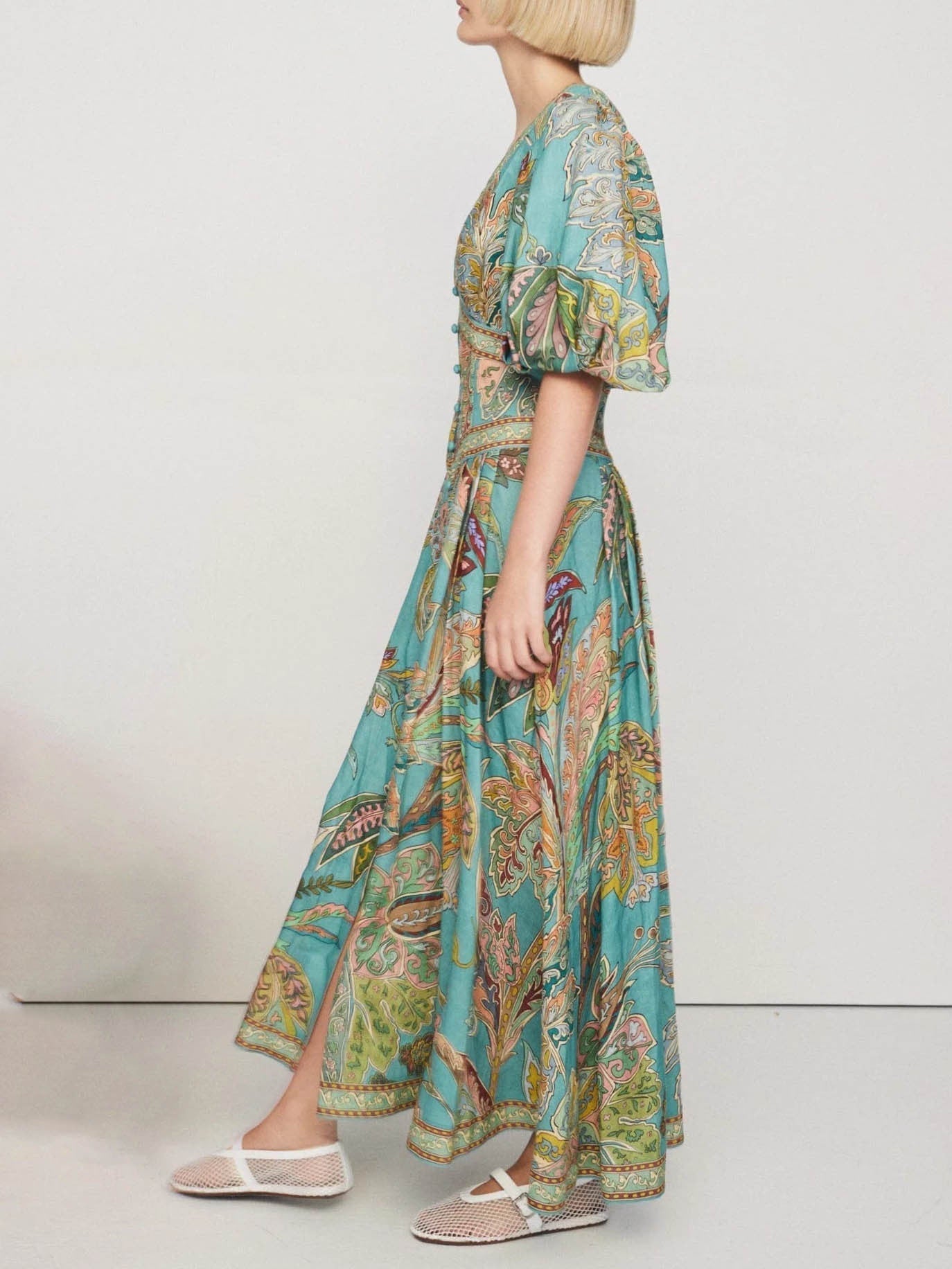 Unique Satin Vintage Bloom Print Puff Sleeve Midi Dress