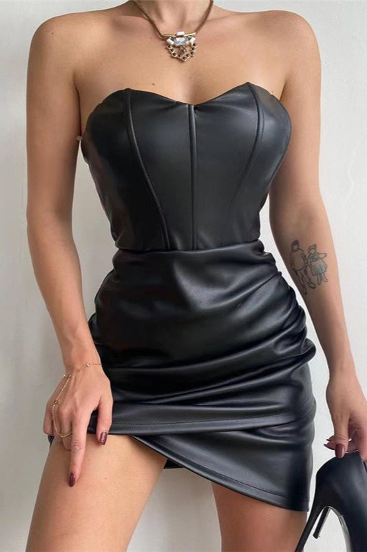 PU Strapless Bodycon Mini Dress