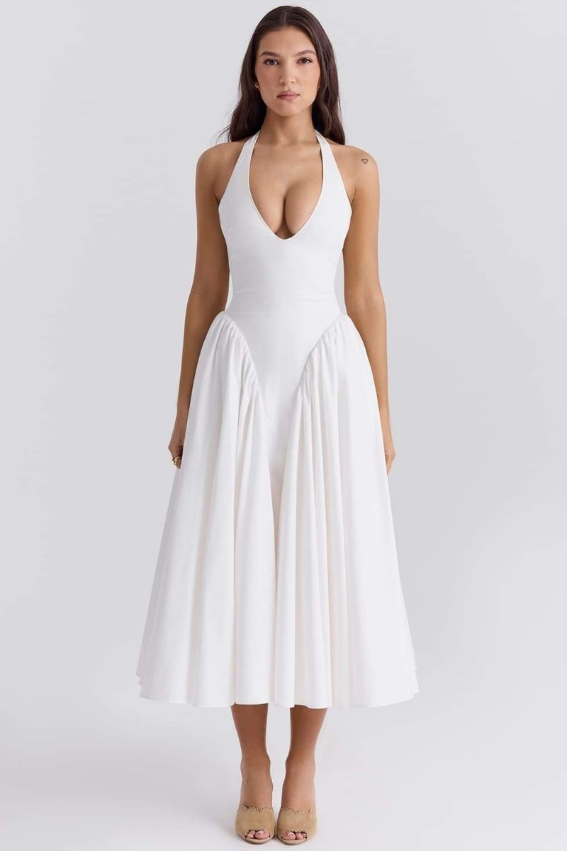 Statement Eva Neck Midi Dress with Open Back Premium Wardrobe Essential