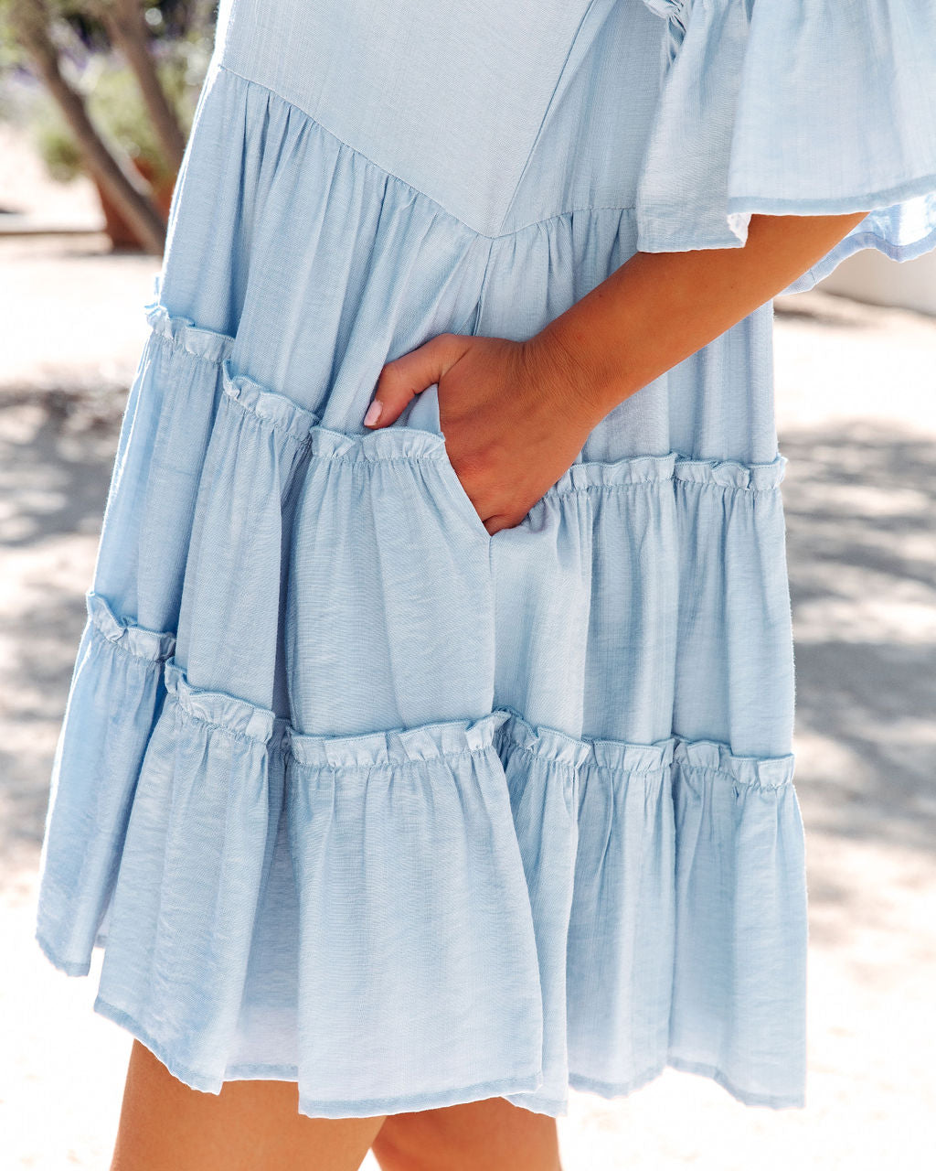 Pocketed Alicia Ruffle Tiered Babydoll Dress Light Blue