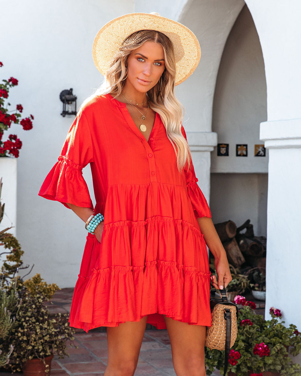 Pocketed Alicia Ruffle Tiered Babydoll Dress Red