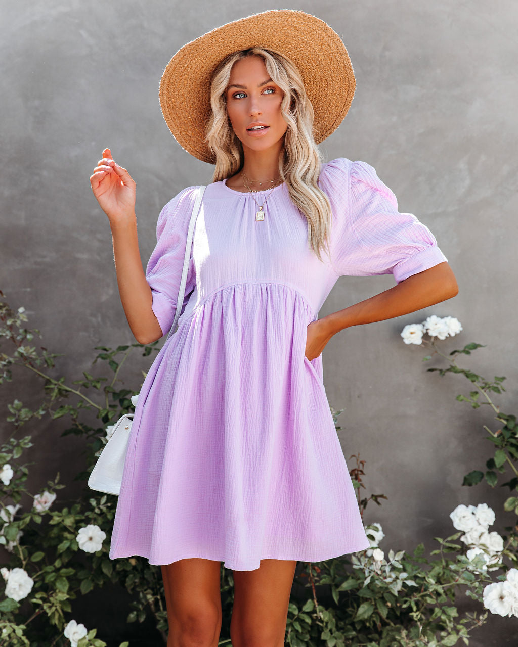 Cotton Amber Pocketed Puff Sleeve Dress Lavender