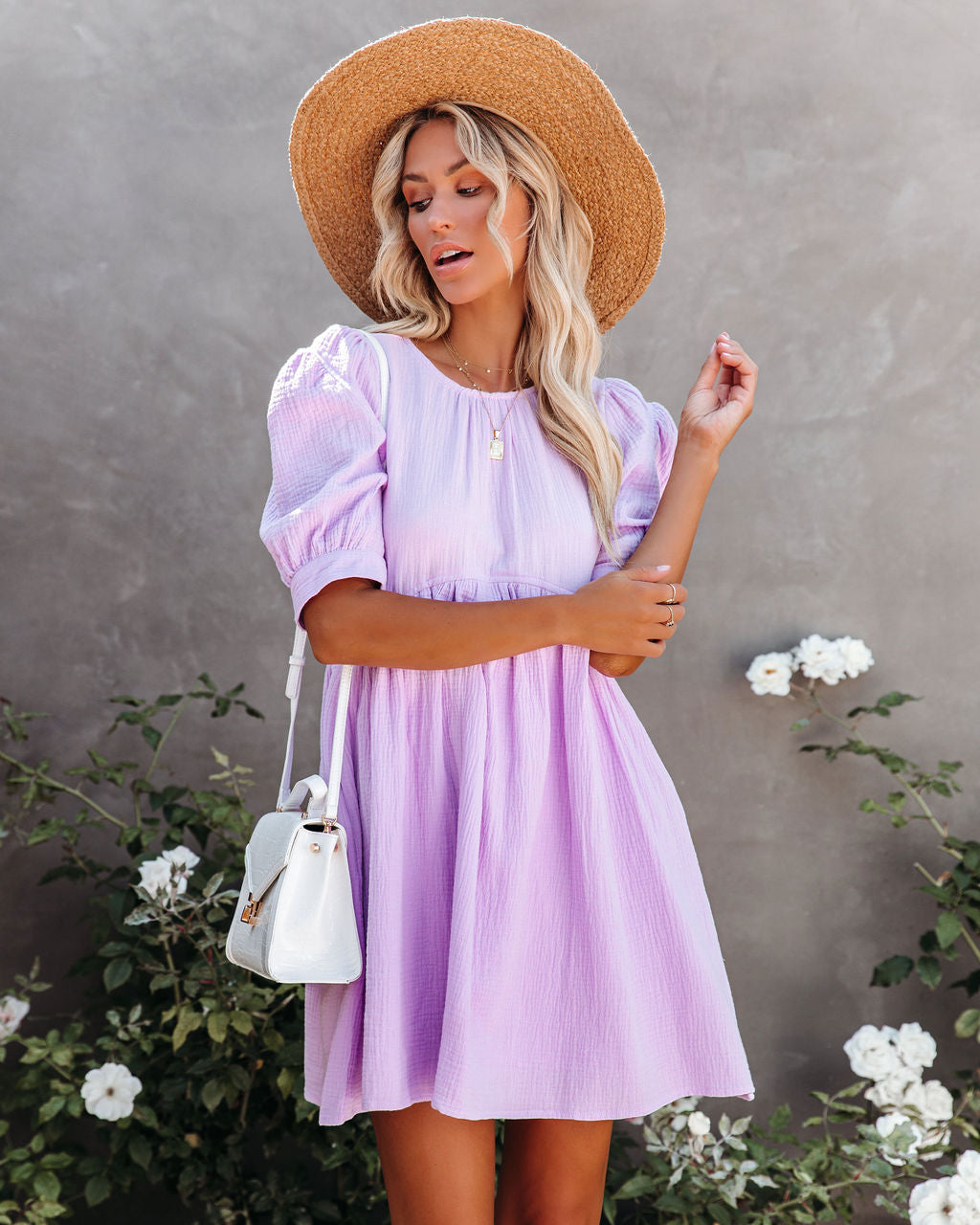 Cotton Amber Pocketed Puff Sleeve Dress Lavender