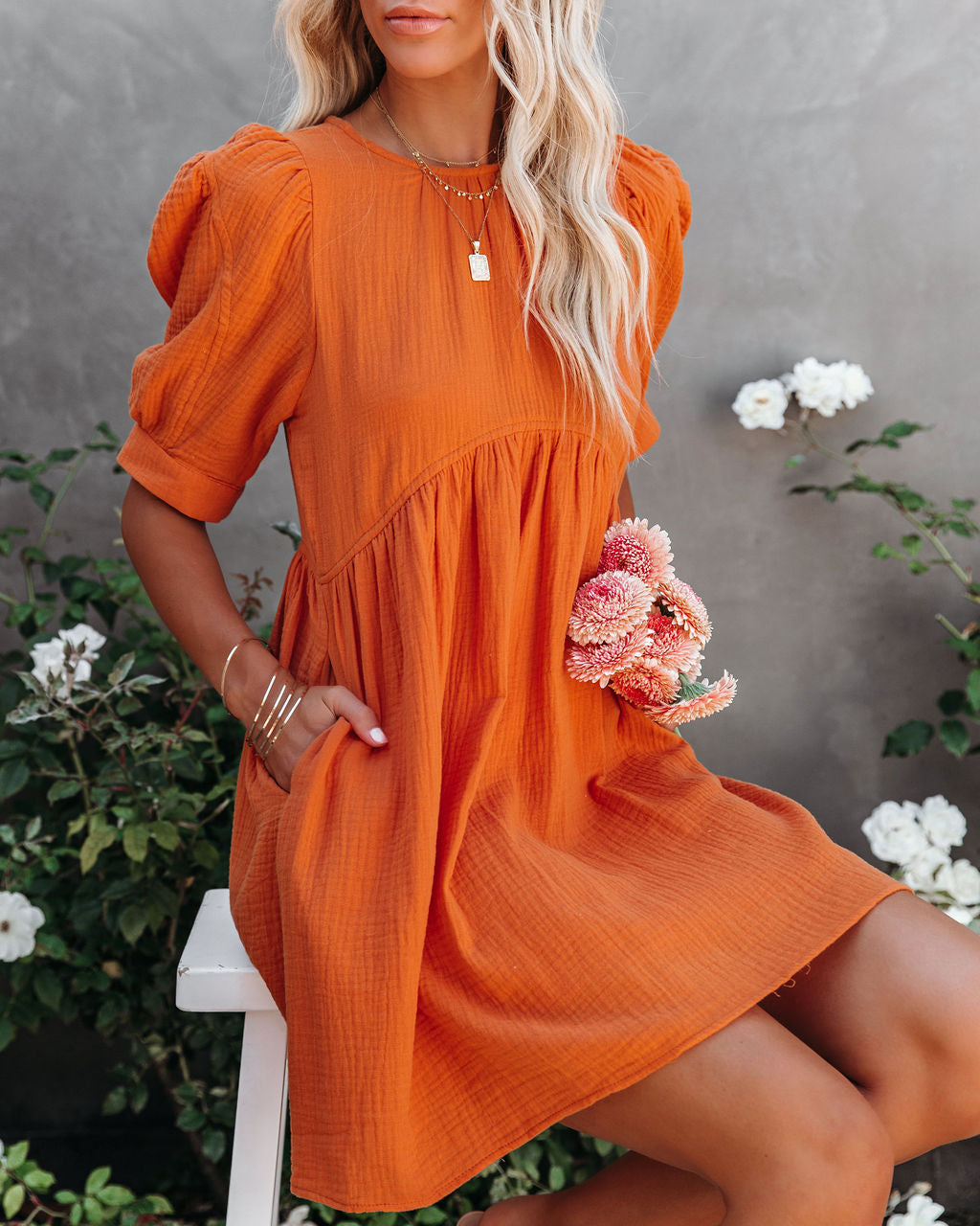 Cotton Amber Pocketed Puff Sleeve Dress Orange