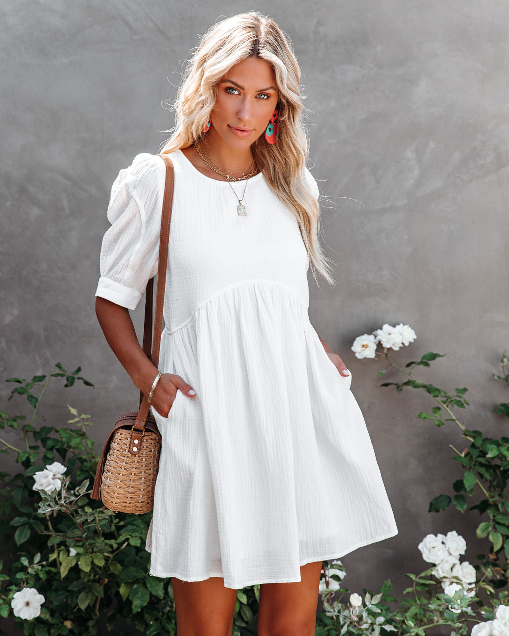 Cotton Amber Pocketed Puff Sleeve Dress White