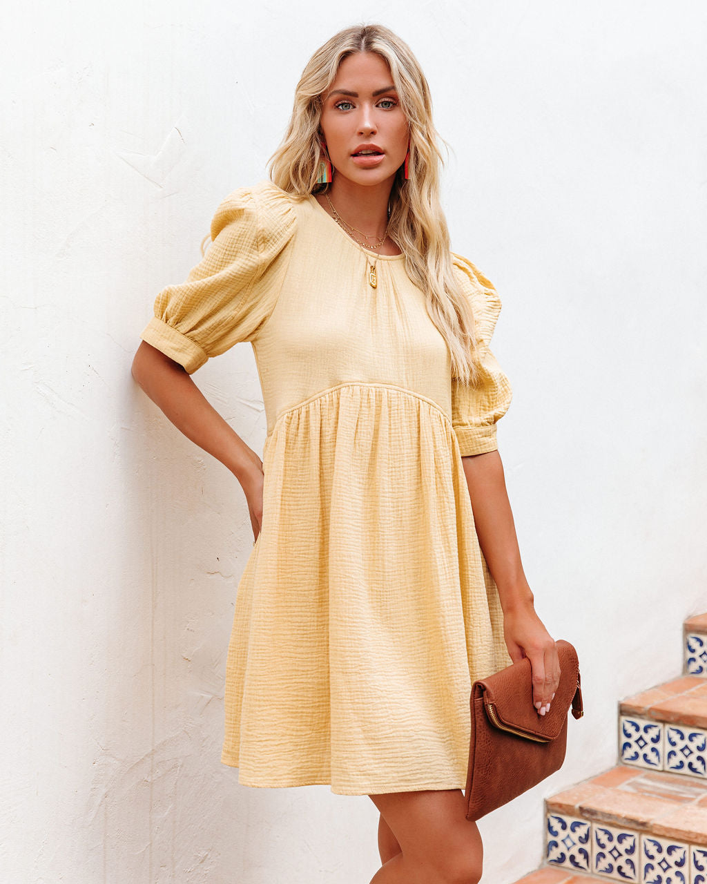 Cotton Amber Pocketed Puff Sleeve Dress Yellow FINAL
