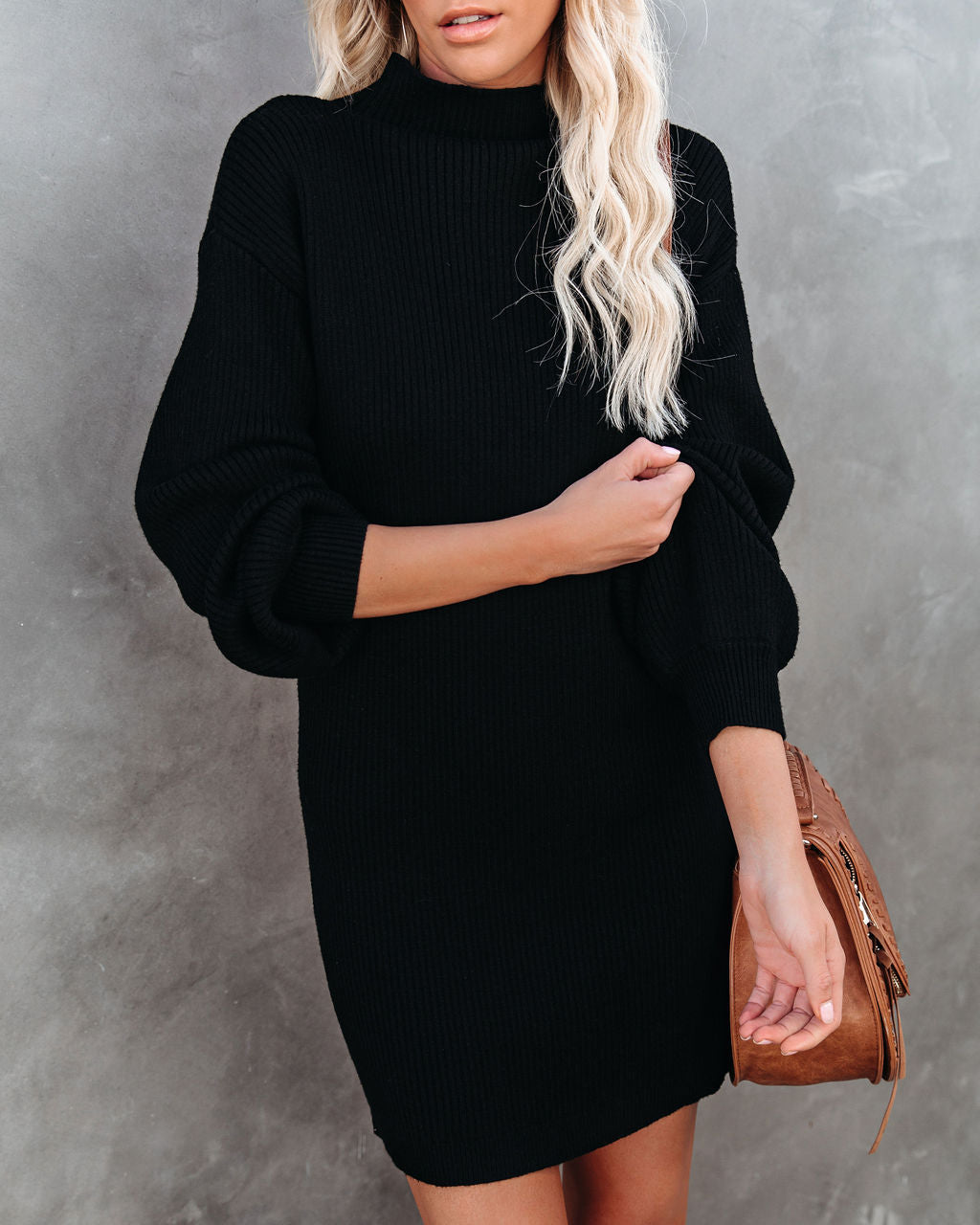 Mock Anastasia Neck Knit Sweater Dress Black FINAL