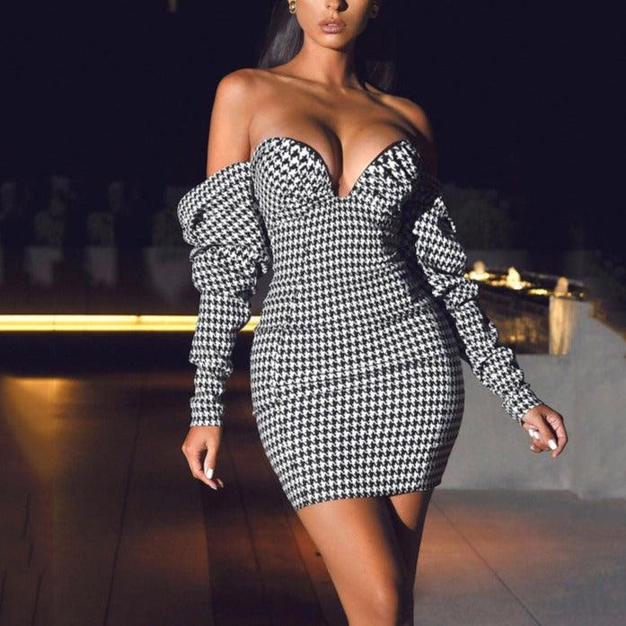 Allover Andi Houndstooth Off Shoulder Dress