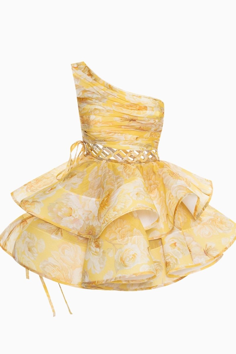 Paula Premium Flower Print One Shoulder Chiffon Mini Dress Everyday Luxe Edit