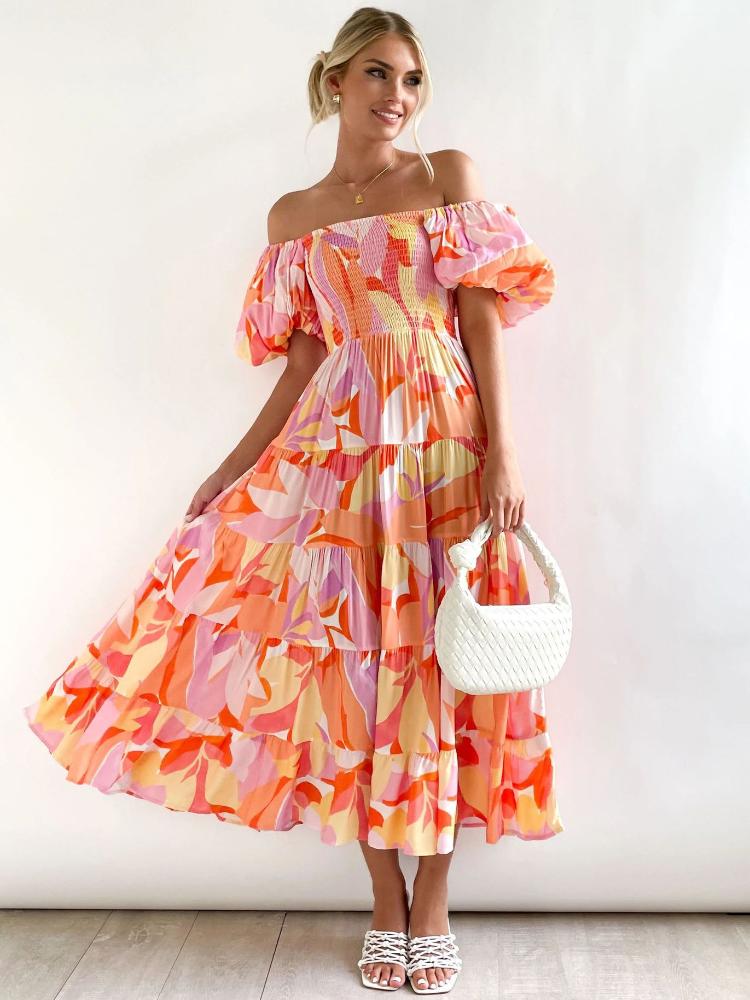 Oriana Luxe Printed Off the Shoulder Tiered Maxi Dress with Puff Sleeves Boutique Edit