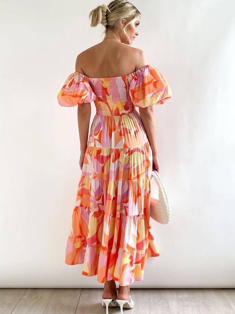 Oriana Luxe Printed Off the Shoulder Tiered Maxi Dress with Puff Sleeves Boutique Edit