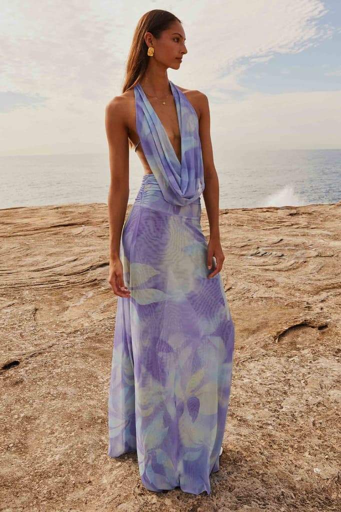 Petra Minimalist Printed Halterneck Maxi Dress Premium Wardrobe Essential