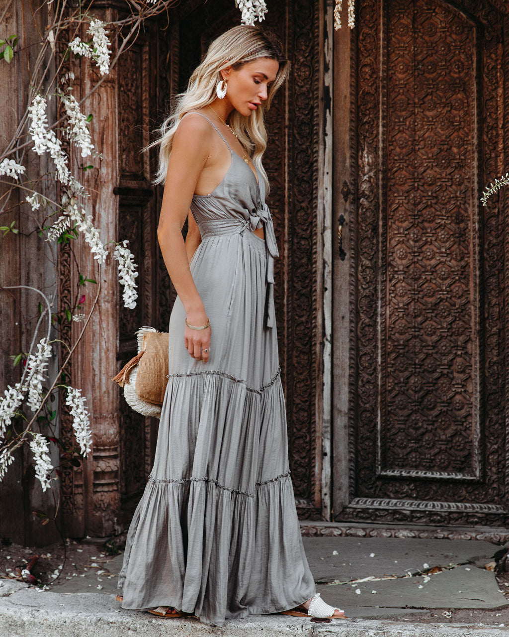 April Rain Pocketed Cutout Maxi Dress Silver Olive