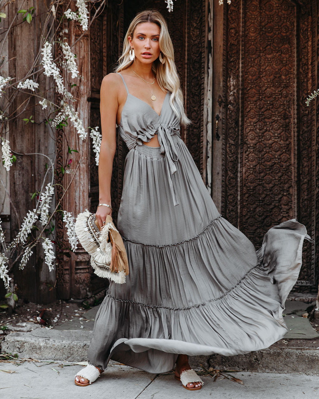 April Rain Pocketed Cutout Maxi Dress Silver Olive