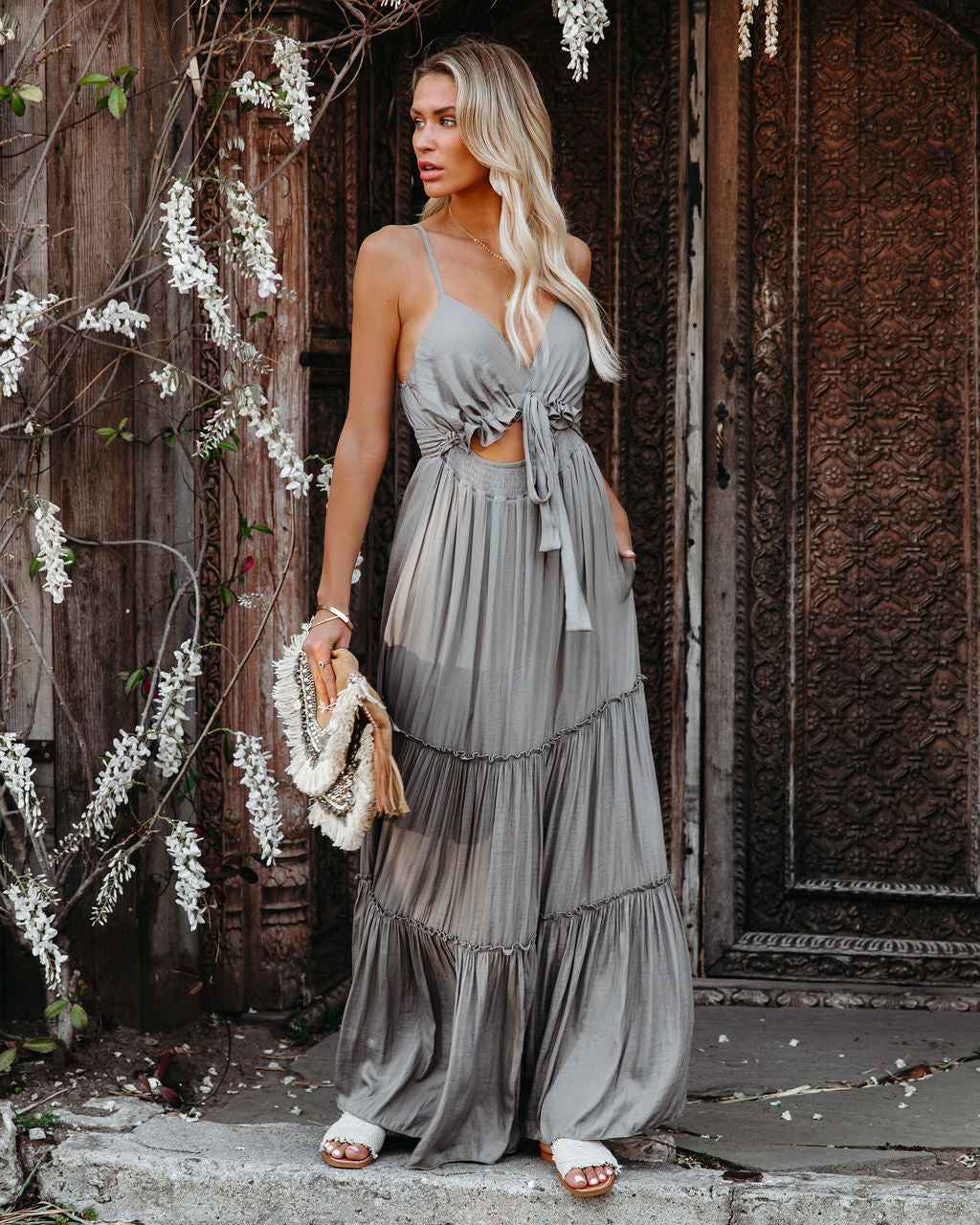 April Rain Pocketed Cutout Maxi Dress Silver Olive