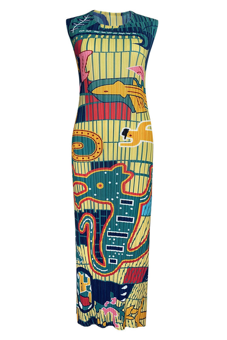 Print Artistic Crew Neck Sleeveless Pleated Bodycon Midi Dress - Green
