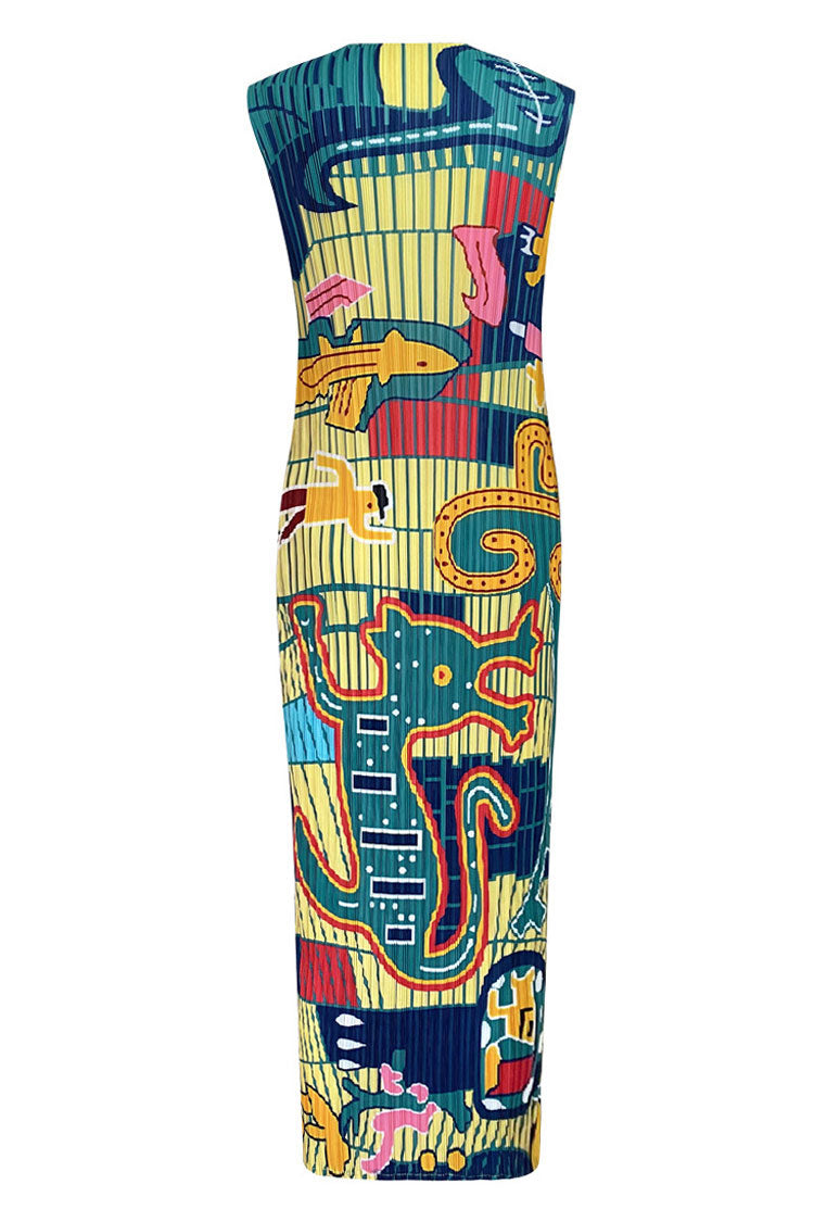 Print Artistic Crew Neck Sleeveless Pleated Bodycon Midi Dress - Green