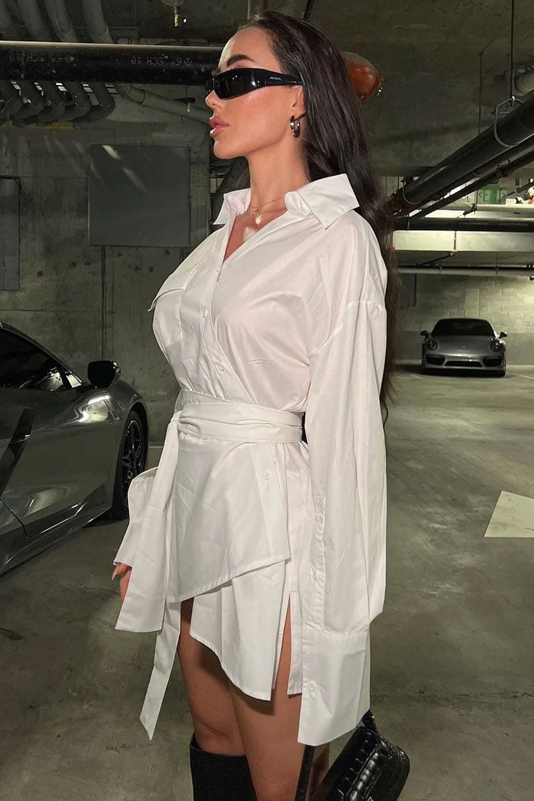 Button Asymmetric Up Long Sleeve Belted Shirt Mini Dress - White