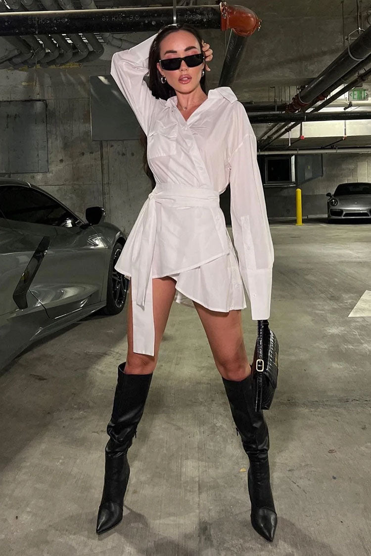 Button Asymmetric Up Long Sleeve Belted Shirt Mini Dress - White