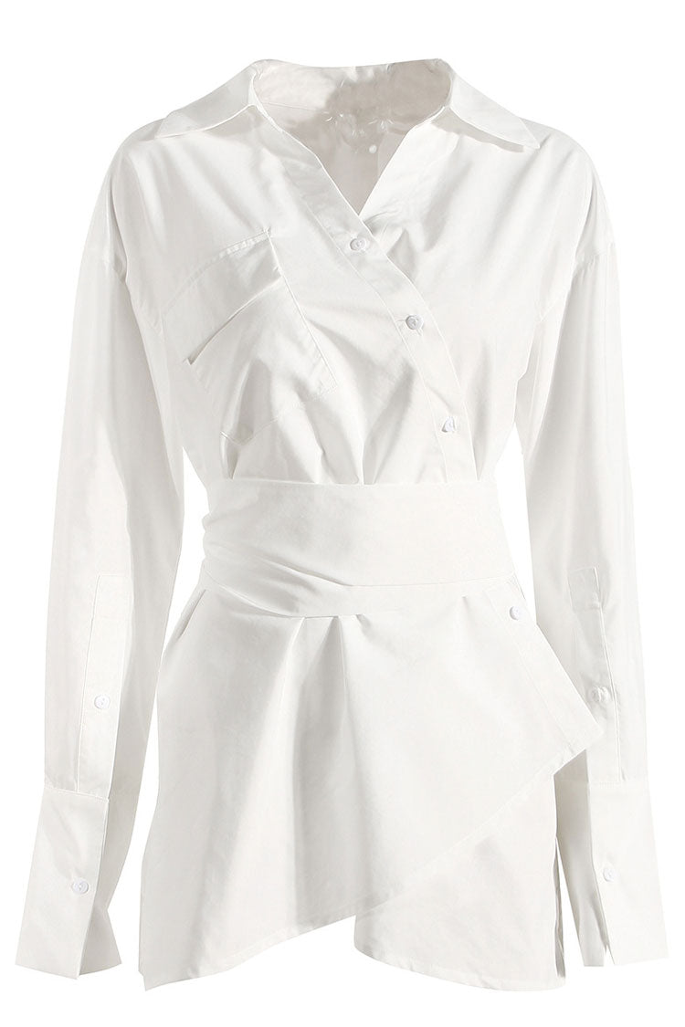 Button Asymmetric Up Long Sleeve Belted Shirt Mini Dress - White