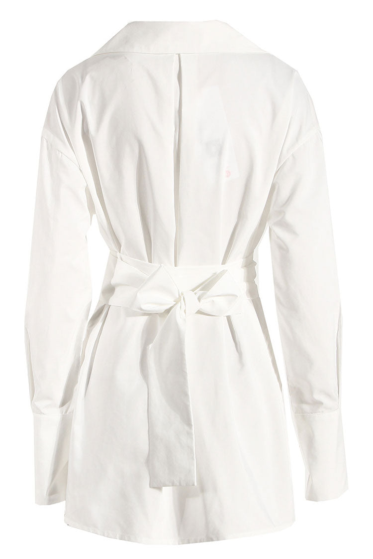 Button Asymmetric Up Long Sleeve Belted Shirt Mini Dress - White