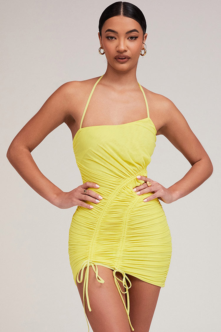 Drawstring Asymmetric Ruched Mesh Bodycon Mini Dress - Yellow