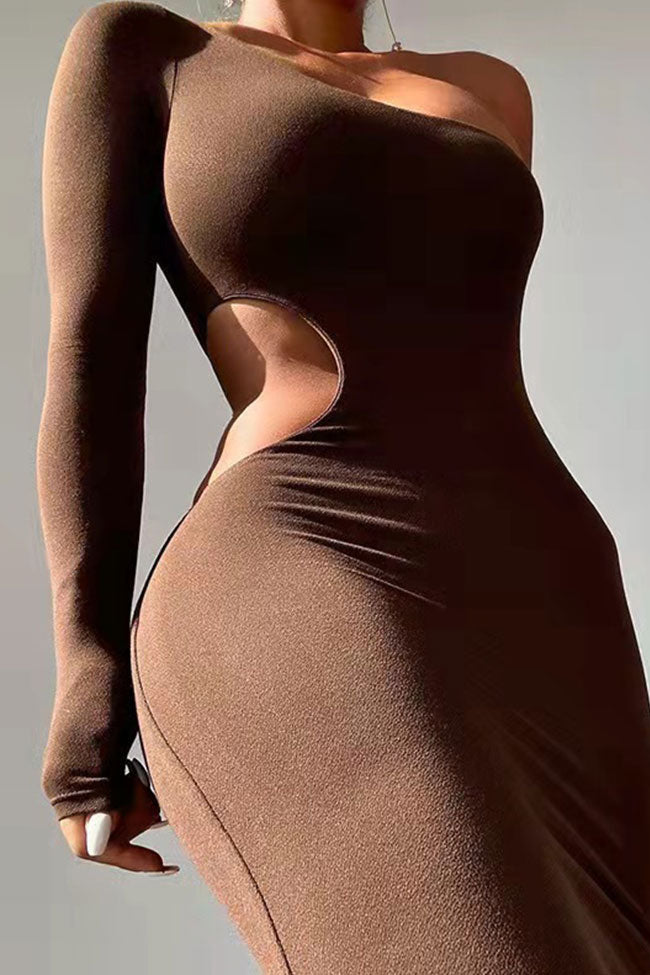 One Asymmetric Shoulder Long Sleeve Cutout Bodycon Party Midi Dress - Brown