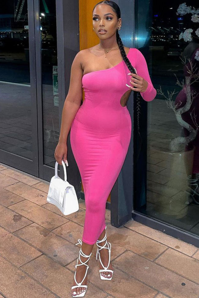 One Asymmetric Shoulder Long Sleeve Cutout Bodycon Party Midi Dress - Pink
