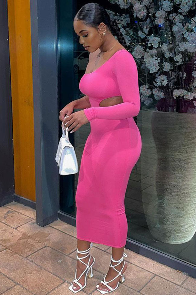 One Asymmetric Shoulder Long Sleeve Cutout Bodycon Party Midi Dress - Pink