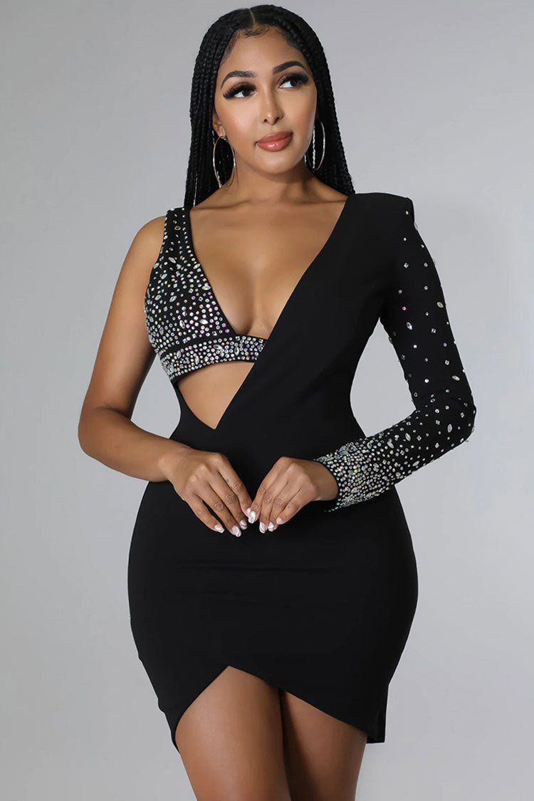Crystal Asymmetrical Bra Long Sleeve Cutout Bodycon Party Mini Dress - Black